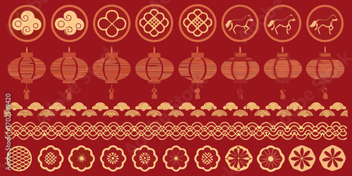 Collection of traditional chinese decorative elements featuring lanterns clouds horses and floral motifs on red background