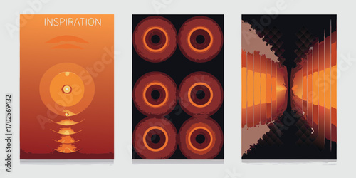 Abstract digital art triptych featuring a sunset landscape a repeating circular pattern and a fiery tunnel effect