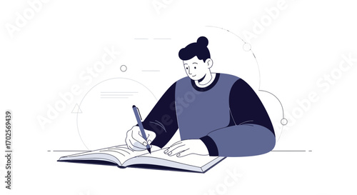 Person Concentrating On Detailed Writing In A Book With Vector Style Illustration