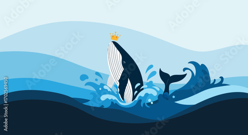Majestic Whale Breaching The Water Surface Wearing Crown, Illustration on Blue Tones