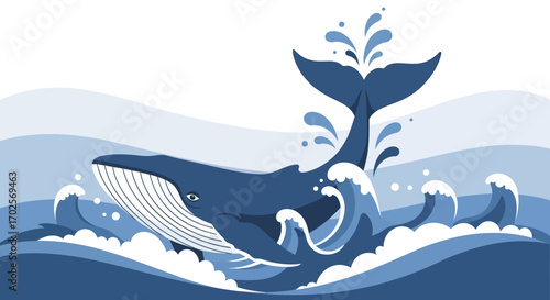 Majestic Whale Breaching Through Ocean Waves in Vibrant Minimalist Style
