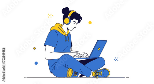 Person Concentrating on Work Using Laptop While Listening to Music: Conceptual Illustration