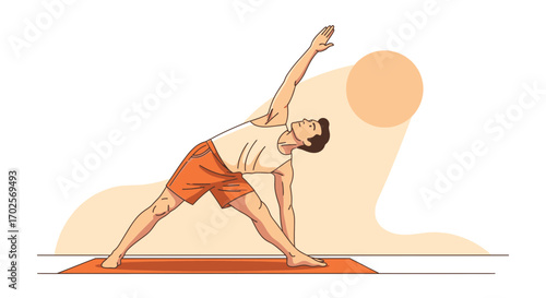 Male Practitioner Executes Triangle Pose in Modern Illustrated Style for Wellness and Exercise