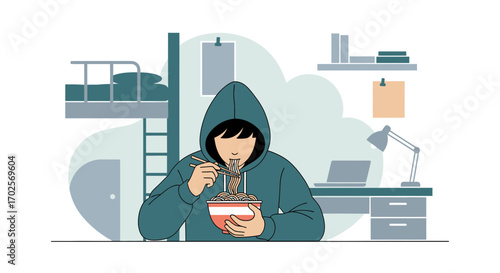 Person Eating Noodles In Cozy Room With Minimalist Concept, Illustration and Design