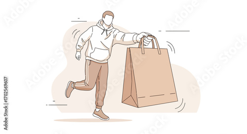 Man Carrying Oversized Shopping Bag In Motion Depicted In Monochrome Illustration