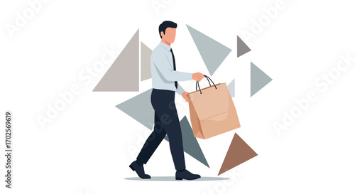 Man Carrying Shopping Bag Illustration with Abstract Geometric Shapes