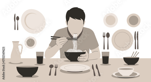 Person Eating Noodles with Chopsticks at a Table Illustration Monochrome Dinner