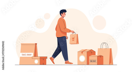 Man Carrying Takeaway Orders, Representing Delivery Service with Food Packages, in Vector Form