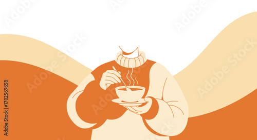 Person Enjoying A Warm Beverage, Illustrated In Stylized Two Toned Minimalist Art Design