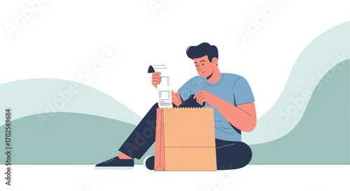 Man Checks Receipt After Receiving Takeout Food Delivery Service, Unboxing His Order