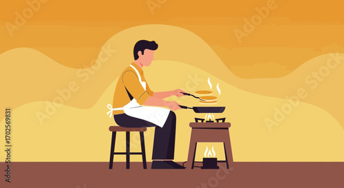 Man Cooking Pancakes on a Small Stove Preparing Breakfast in Warm Tone Illustration