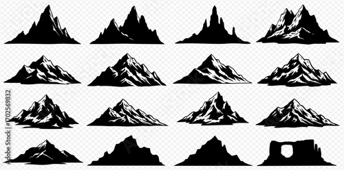 A comprehensive set of various mountain peaks, rugged hills, and rocky range silhouettes and detailed illustrations.