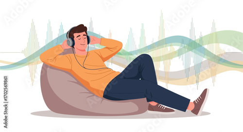 Person Enjoying Music Leisurely While Lounging on a Beanbag and Listening to Audio