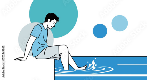 Man Cooling Feet In Water, Enjoying Leisure Moments, Blue Color Illustration Design