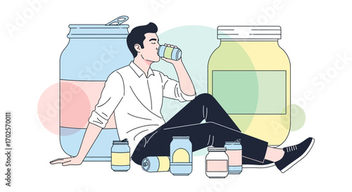 Man Enjoying A Drink Surrounded By Large Jars, Representing Refreshment And Relaxation