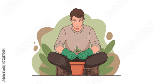 Person Gardening and Observing a Plant in a Pot, Symbolizing Nurturing and Growth