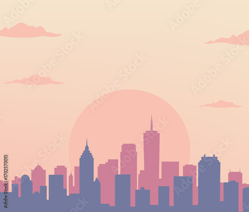 Beige blue and pink Modern city building at skyline sunset illustration background