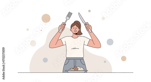 Person Holding Fork And Knife Above Her Head, Ready To Start Eating The Meal