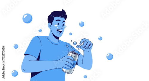 Man Enjoying a Refreshing Drink with Bubbles Floating in a Playful, Abstract Manner