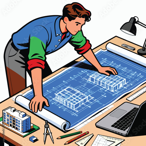 male architect work with blueprint