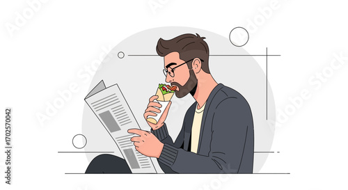 Man Enjoying Breakfast While Reading Print News, Simple Illustration Design, Isolated