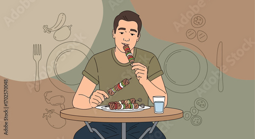 Man Enjoying A Vibrant Skewer Meal, Colorful Illustration Of Fresh Ingredients At Lunch