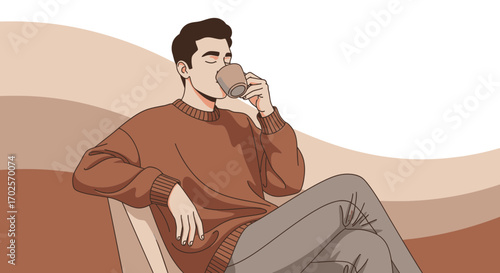 Man Enjoying Coffee in Serene Moment, Relaxing on Chair with Closed Eyes Illustration