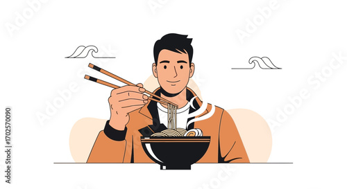 Man Enjoying Delicious Bowl Of Ramen Noodles With Chopsticks In Hand, Eating Time