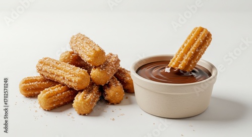 mini churros with chocolate dip on white background for dessert or snack presentation