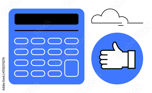 Calculator with numerical buttons, thumbs-up icon in blue circle, and a cloud. Ideal for productivity, finance, approval, decision-making, business tools, motivation simple landing page
