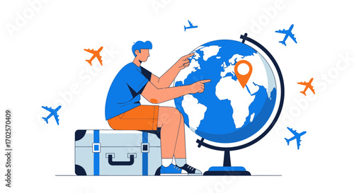 Person Planning Global Travel Destination With Suitcase, Globe, and Airplane Imagery