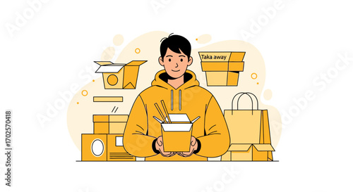 Man Holding Food Box Surrounded By Takeaway Packaging And Bags, Flat Vector Illustration