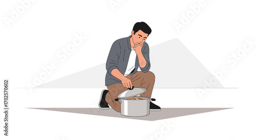 Man Inspects Food In A Pot, Deep In Thought, Contemplating The Culinary Creation.