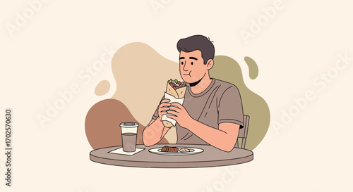 Man Indulges In Food Enjoyment While Eating at a Table With Drink And Food Graphic