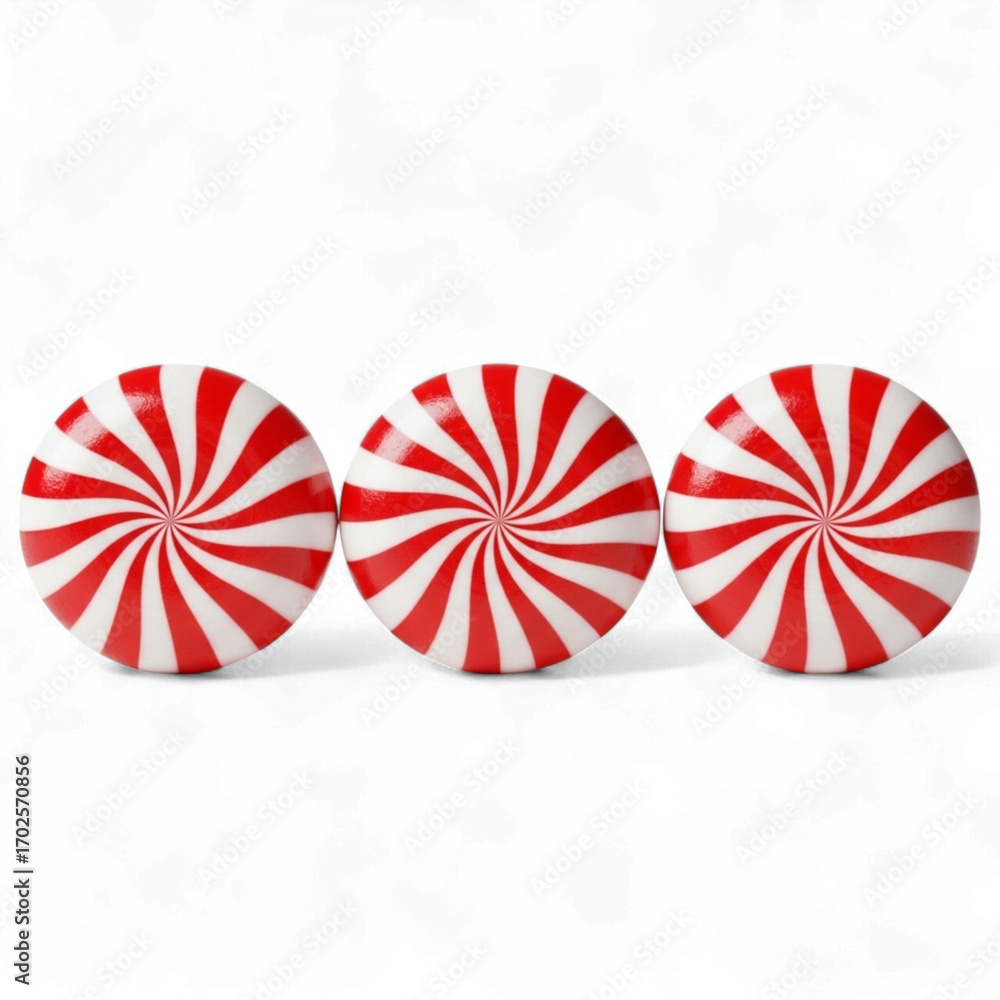 Fototapeta premium Three red and white swirl candy isolated on transparent background