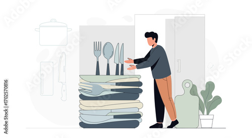 Man Organizes Tableware Stack, Kitchenware, Meal Preparation Vector Illustration