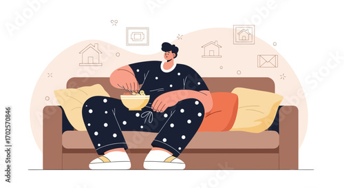 Person Relaxing On Sofa, Eating Snacks, Enjoying Leisure, Spending Time Home