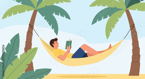 Person Relaxing Reading a Book Under Palm Trees on Sandy Beach in Tropical Location