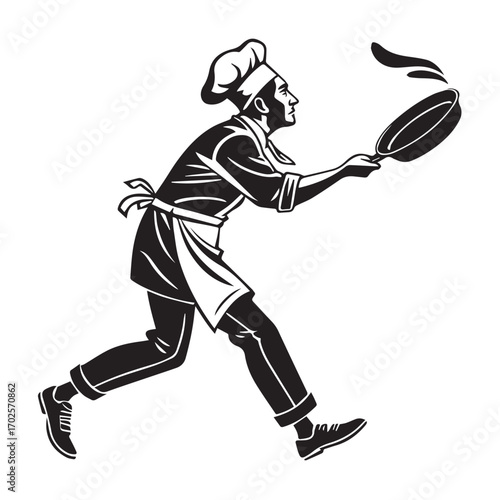 Chef running with a frying pan, isolated on white background