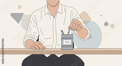 Person Selecting A Pen From A Container, Ready For Task And Creative Execution