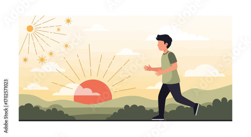 Person Runs Towards A Bright Sunset Under A Cloudy Sky In A Scenic Meadow View