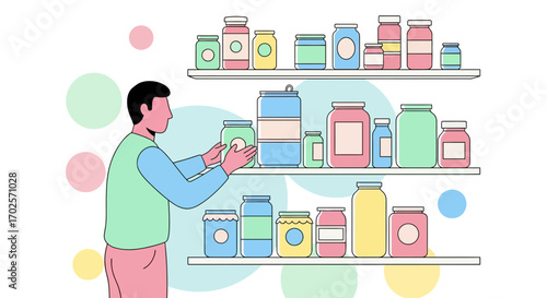 Person Selecting Jars on Shelves Depicting a Scene of Food in Colorful, Modern Style