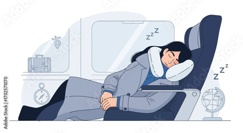 Person Sleeping Comfortably On Airplane, Traveling Using Neck Pillow, During Trip
