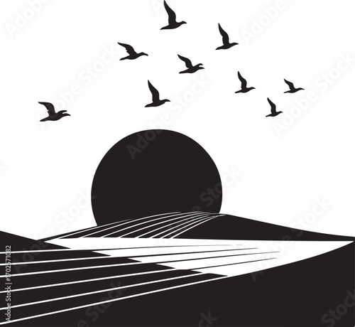 Flock of birds flying over a stylized landscape with a large sun Keywords: birds, flock, flying, silhouette, landscape, sun, sunset, sunrise, horizon, fields, agriculture, nature, sky, migration