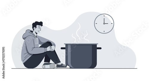 Person Waiting While Meal Cooks, Observing Clock, Anticipation for Preparation Completion