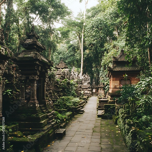 Mysterious lost temple covered with creeping vines in tropical jungle image