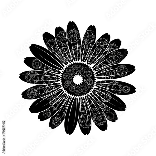 Steampunk daisy flower with intricate mechanical gears and petals
