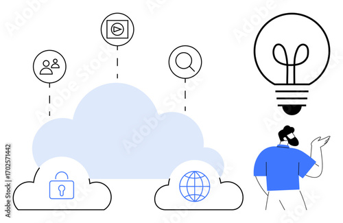 Cloud network with user, video, search icons linked to innovation, lock, and global symbols. Ideal for technology, cybersecurity, creativity, digital transformation cloud computing data storage