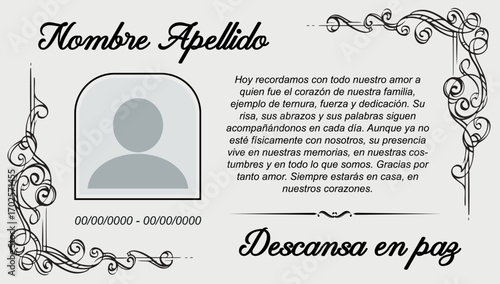 Tarjeta de invitación para funeral en color gris y negro