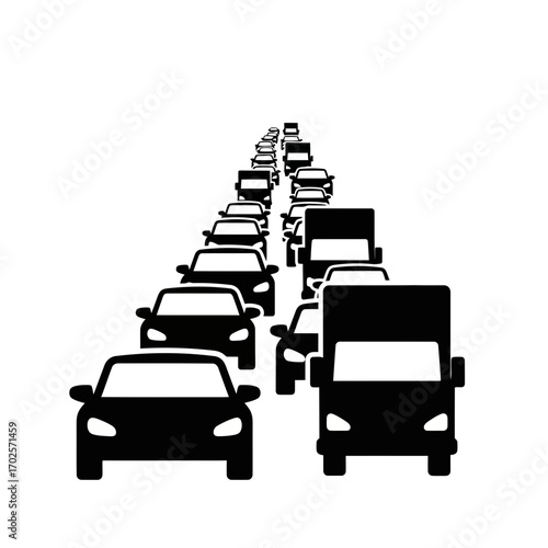 Black silhouette of cars stuck in traffic on a white background